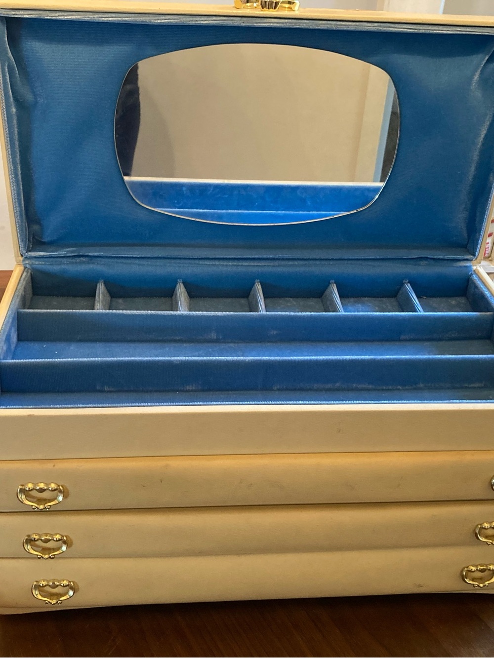 Vintage Lady Buxton Leatherette Jewelry Box, 3-Drawer w Mirror & Velvet Interior